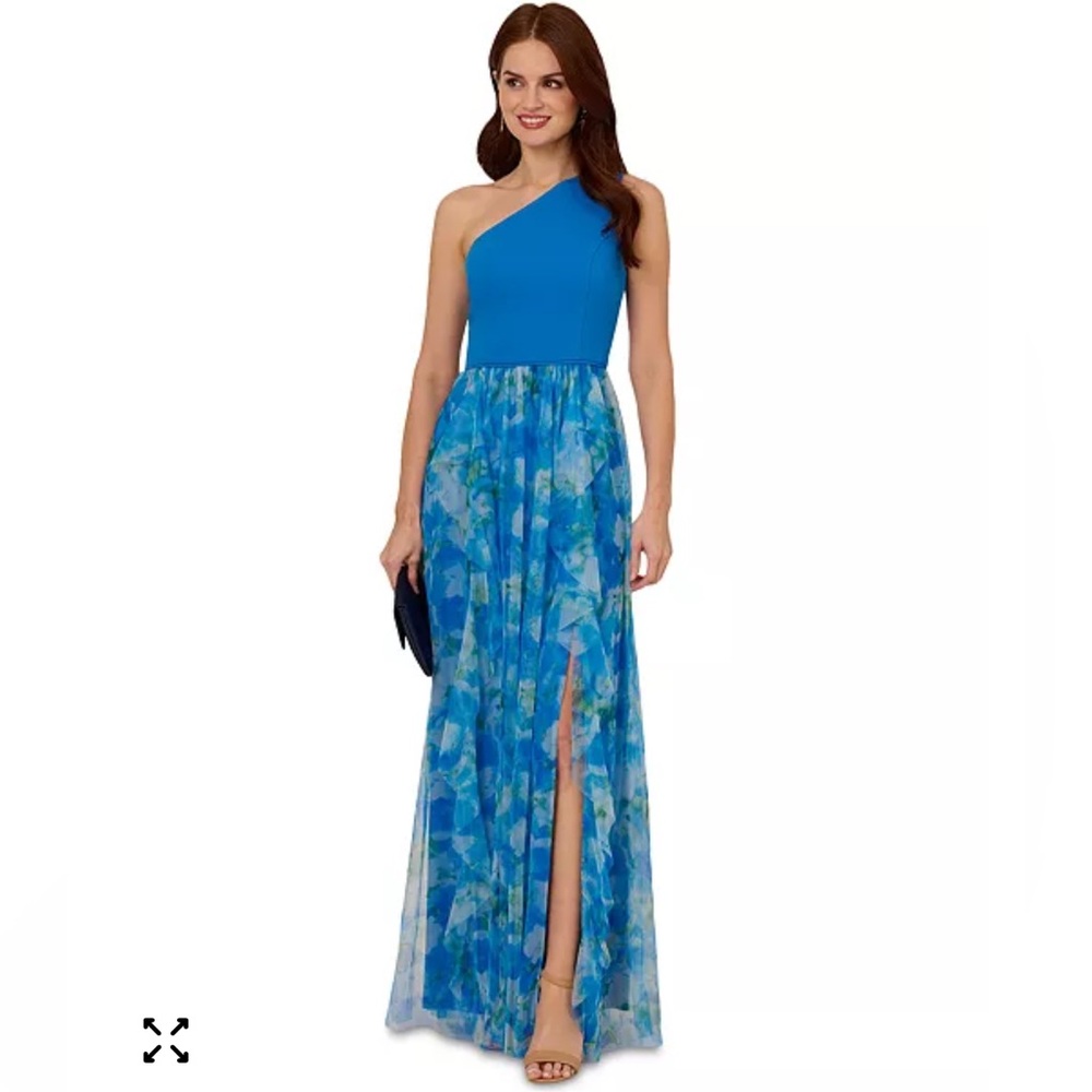 Adrianna Papell One-Shoulder Royal Blue Floral Chiffon Maxi Dress
